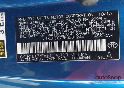 2014 Scion Tc из США, поврежденный, VIN JTKJF5C73E3081244